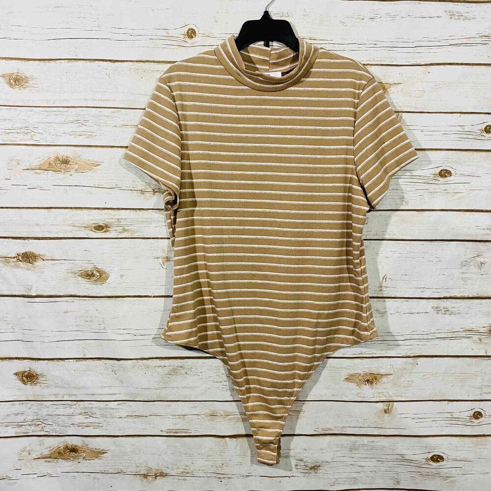BP women's tan white striped short sleeve one piece‎ bodysuit size XL
